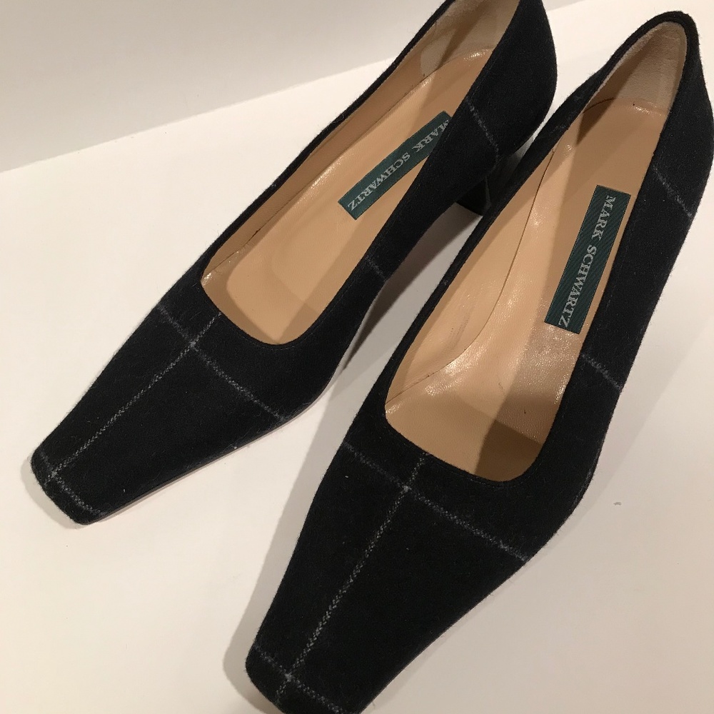 MARK SCHWARTZ Blue Plaid Wool Leather Pumps